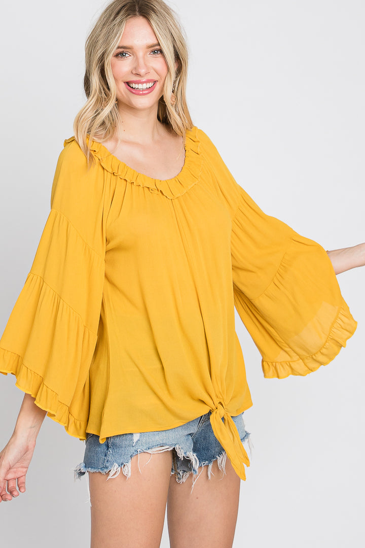 YELLOW RUFFLED OFF-SHOULDER BELL LONG SLEEVES TOP SO3438T