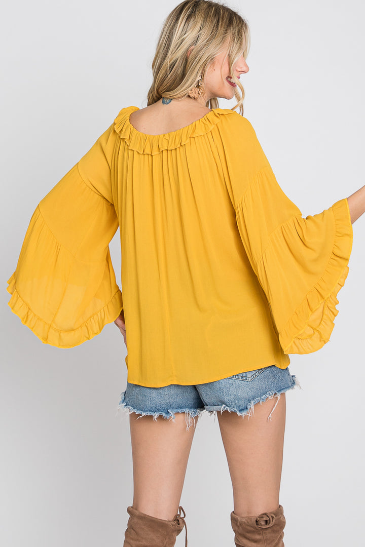 YELLOW RUFFLED OFF-SHOULDER BELL LONG SLEEVES TOP SO3438T