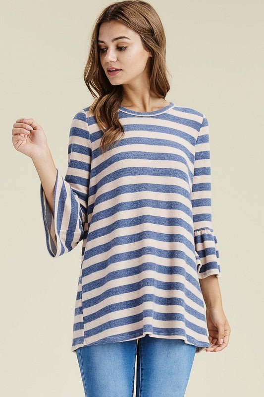 STRIPED ROUND NECK BELL 3/4 SLEEVES LOOSE FIT TOP RJT8458-HC10