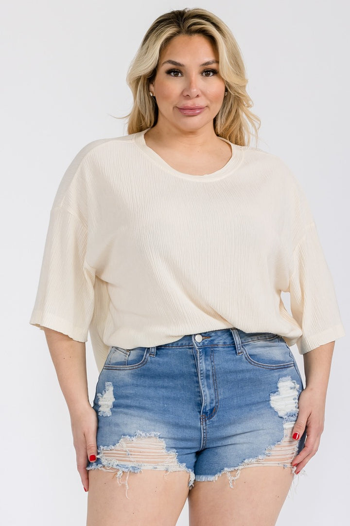 IVORY CREW NECK LOOSE FIT TEXTURED PLUS SIZE KNIT TOP PTC12541SA