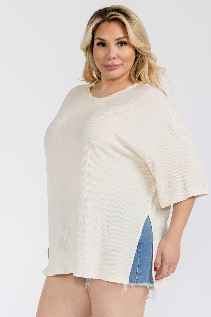 IVORY CREW NECK LOOSE FIT TEXTURED PLUS SIZE KNIT TOP PTC12541SA