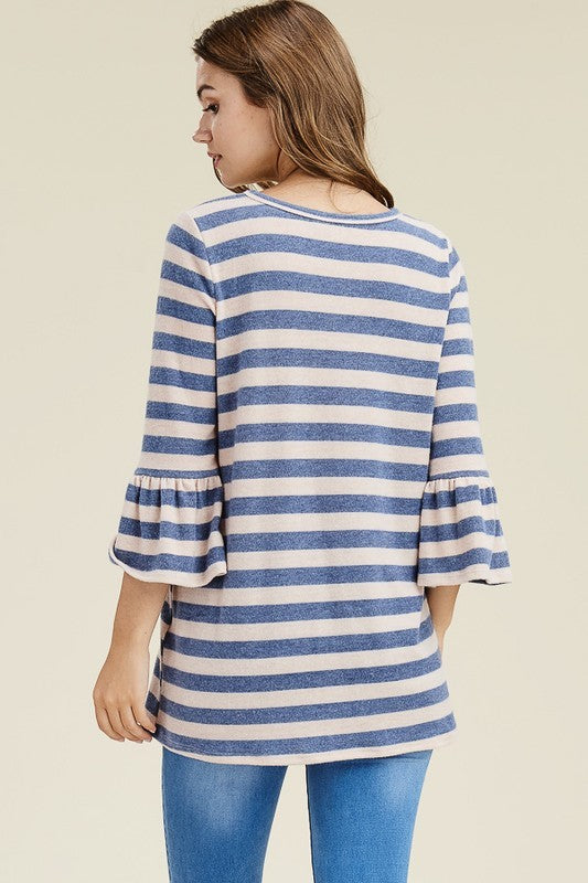 STRIPED ROUND NECK BELL 3/4 SLEEVES LOOSE FIT TOP RJT8458-HC10