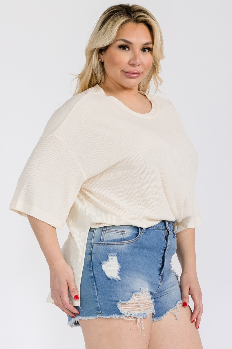 IVORY CREW NECK LOOSE FIT TEXTURED PLUS SIZE KNIT TOP PTC12541SA