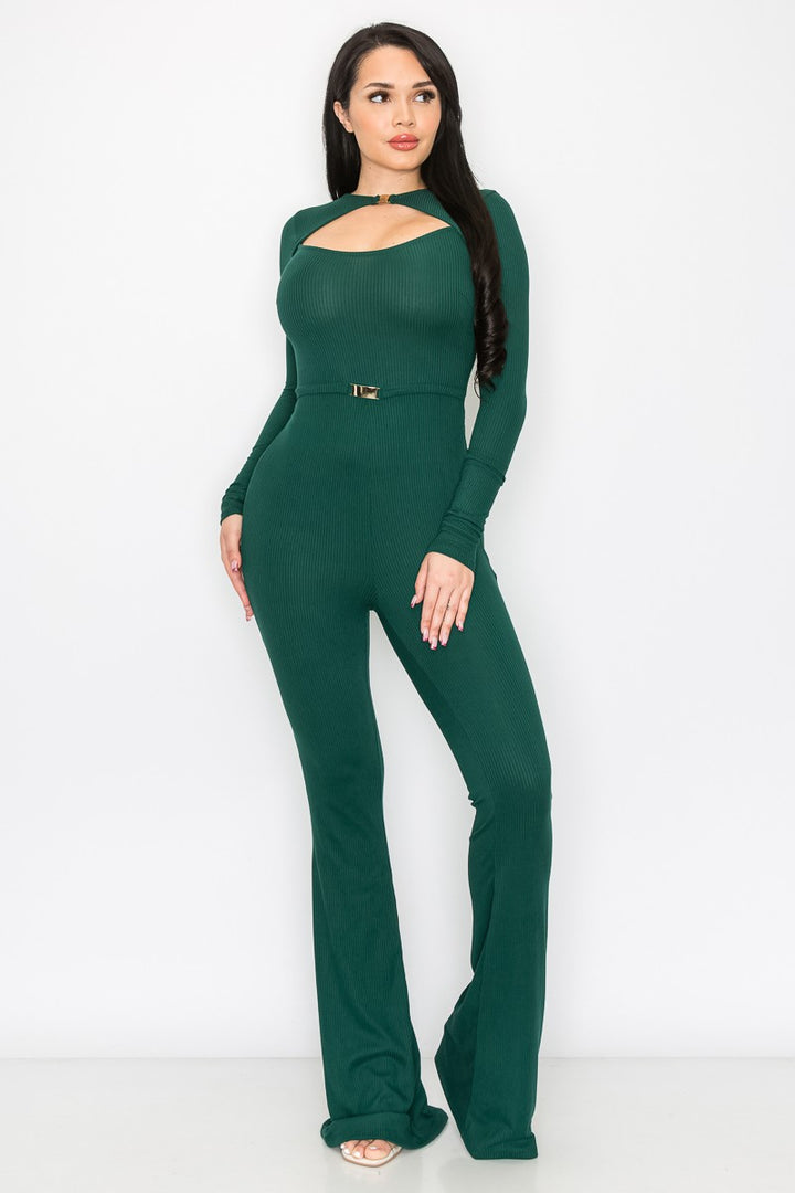 HUNTER GREEN BLUSH RIB BUCKLE WAIST DETAILED JUMPSUIT SP9792J