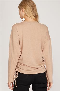 TAUPE TEXTURED KNIT LONG SLEEVES RUCHED SIDES DETAILED TOP S8SS8842