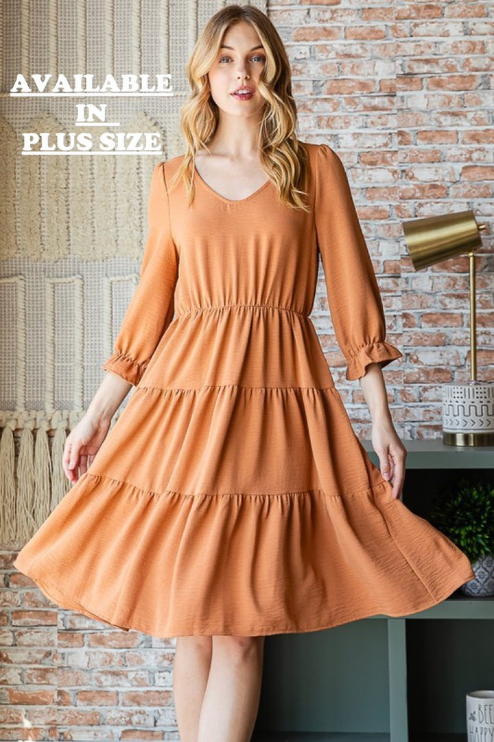 CAMEL TIERED HIGH WAIST 3/4 SLEEVES PLUS SIZE MIDI DRESS RJW5865XL