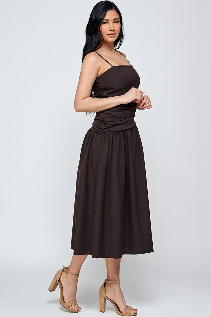 TAN RUCHED SPAGHETTI STRAP A-LINE SWING MIDI DRESS ARD736