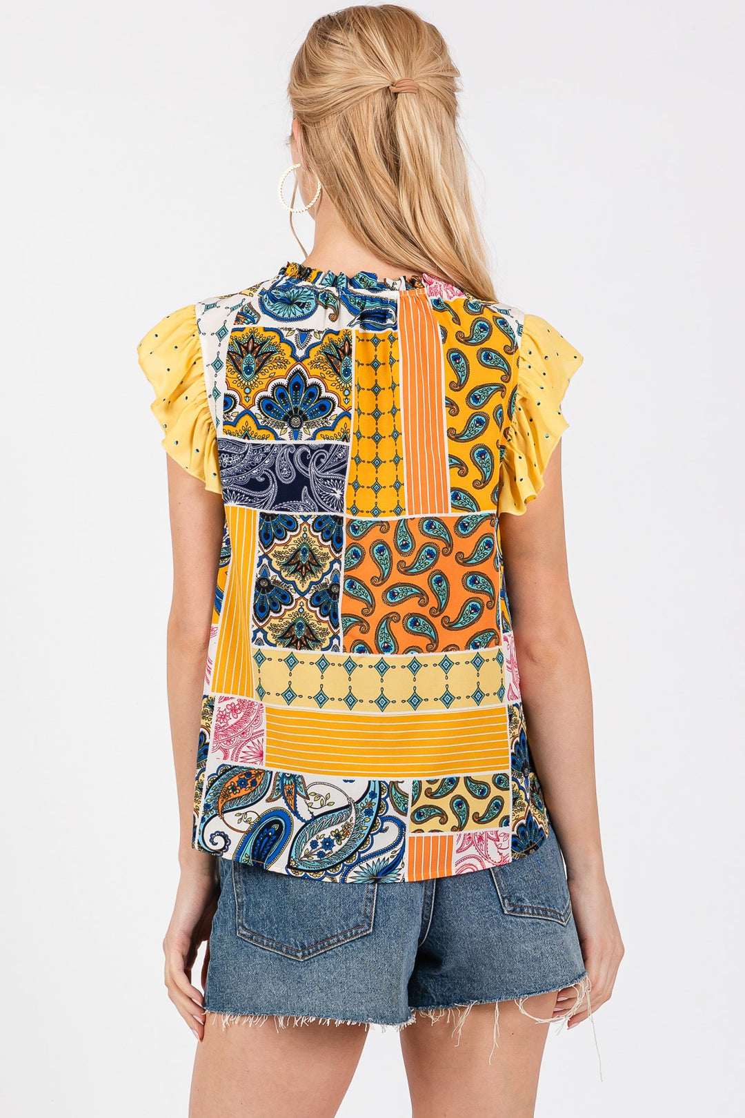 YELLOW MULTI BOHEMIAN RUFFLED SLEEVELESS TOP CFTT3612NPB