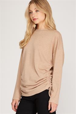 TAUPE TEXTURED KNIT LONG SLEEVES RUCHED SIDES DETAILED TOP S8SS8842