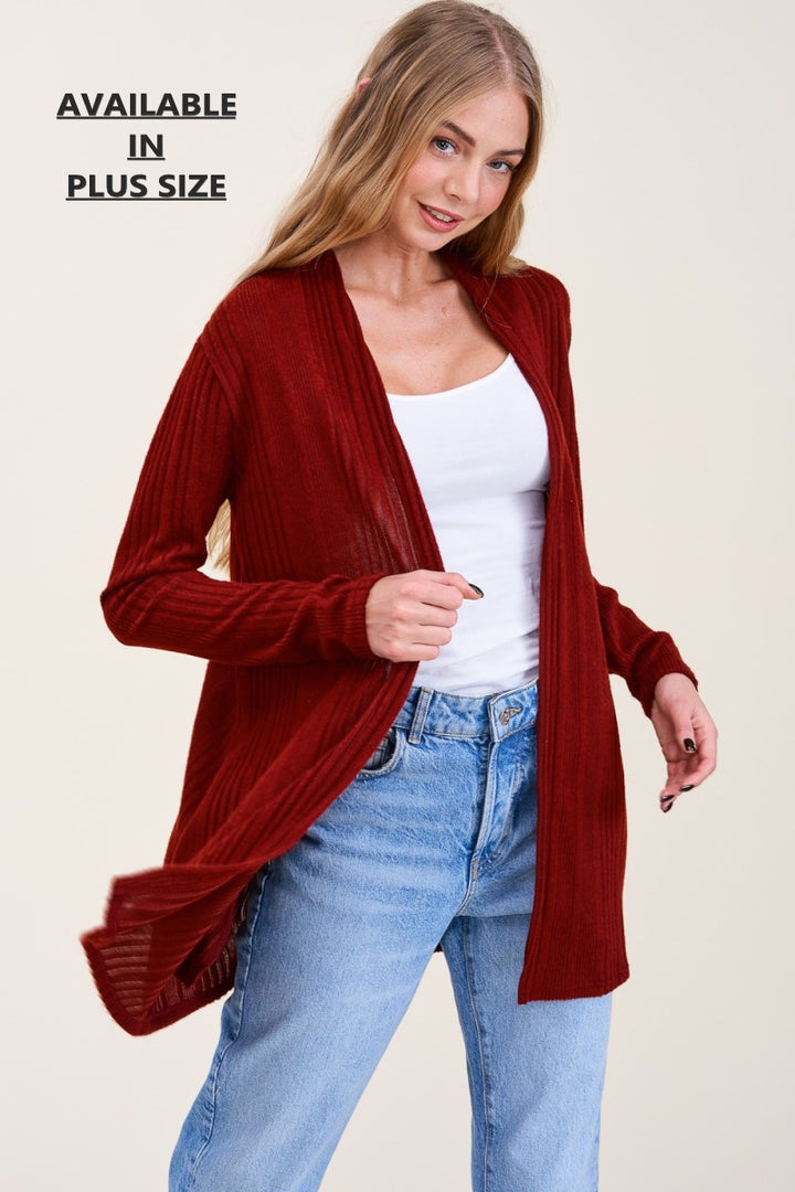 BURGUNDY RIB KNIT OPEN FRONT W/SIDE POCKET PLUS SIZE CARDIGAN RJT4198XL-TH29