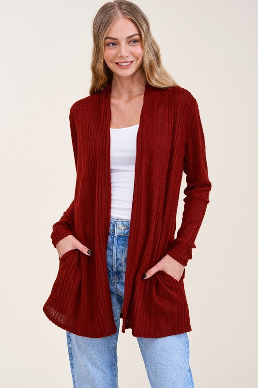 BURGUNDY RIB KNIT OPEN FRONT W/SIDE POCKET PLUS SIZE CARDIGAN RJT4198XL-TH29