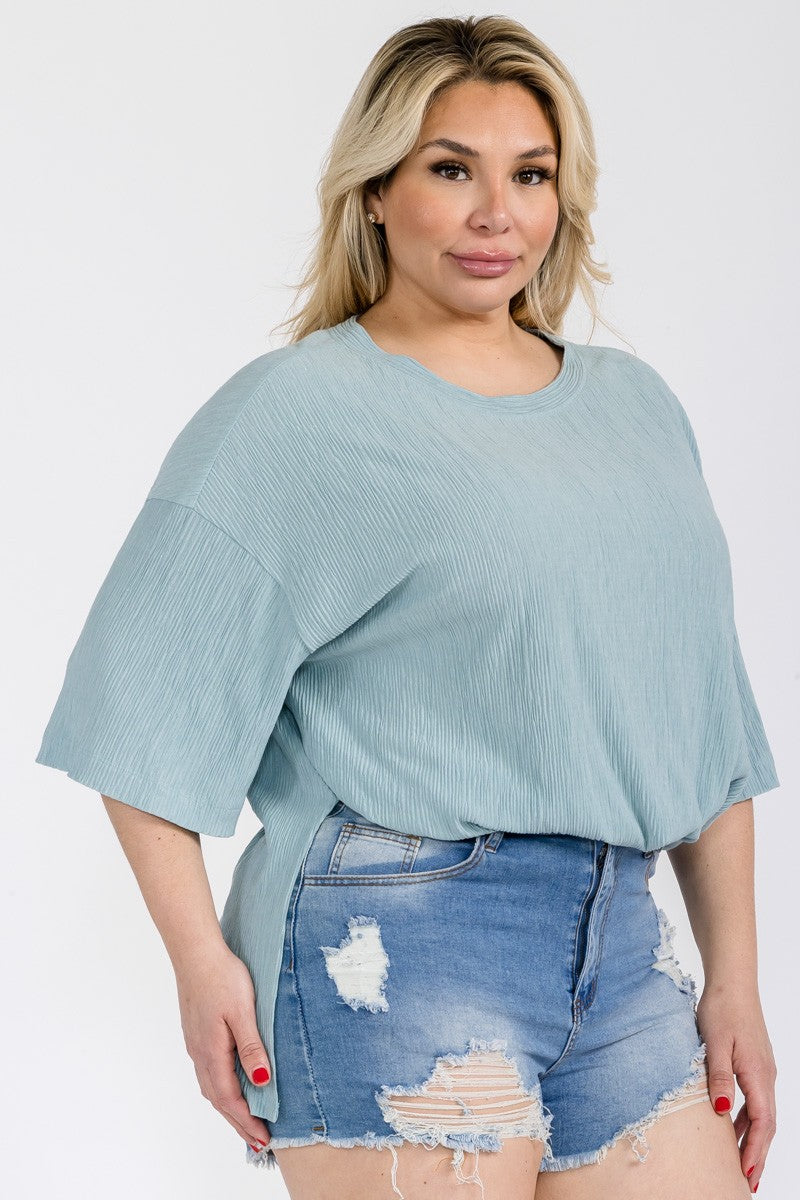 SAGE CREW NECK LOOSE FIT TEXTURED PLUS SIZE KNIT TOP PTC12541SA