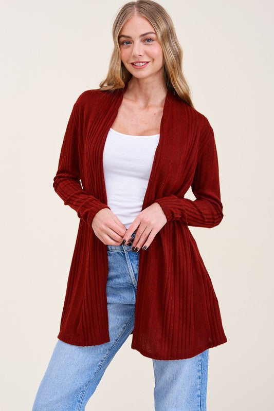 BURGUNDY RIB KNIT OPEN FRONT W/SIDE POCKET PLUS SIZE CARDIGAN RJT4198XL-TH29