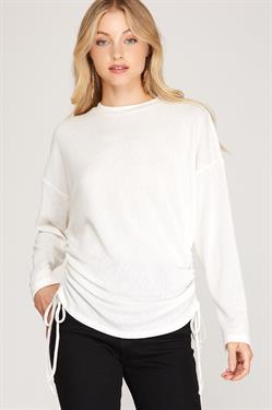 OFF WHITE TEXTURED KNIT LONG SLEEVES RUCHED SIDES DETAILED TOP S8SS8842