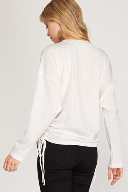 OFF WHITE TEXTURED KNIT LONG SLEEVES RUCHED SIDES DETAILED TOP S8SS8842