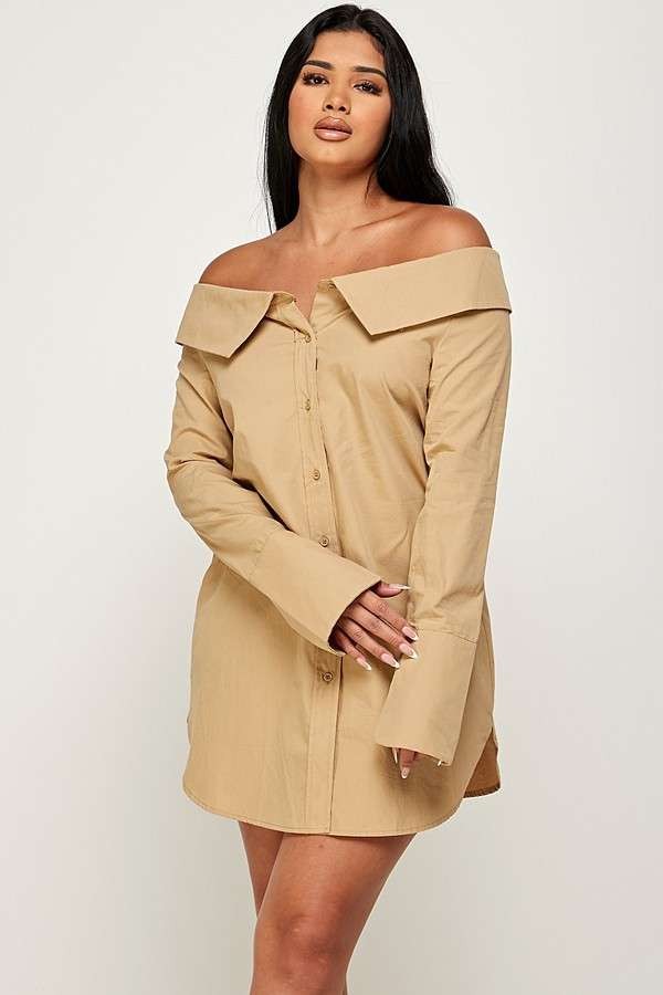 KHAKI OFF-SHOULDER BUTTON DOWN MINI SHIRT DRESS AMD099