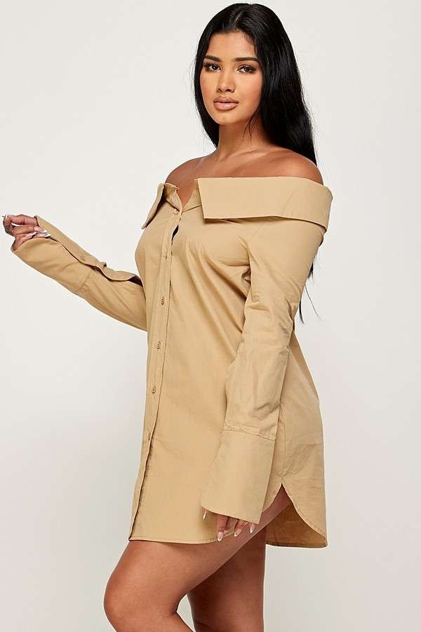 KHAKI OFF-SHOULDER BUTTON DOWN MINI SHIRT DRESS AMD099