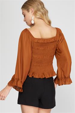 CARAMEL 3/4 SLEEVES SATIN SMOCKED TOP S8SS7969