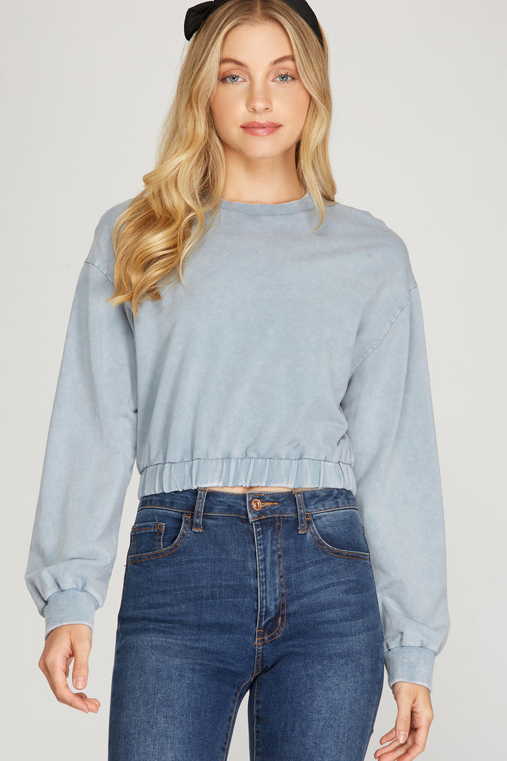 BLUE GREY LONG SLEEVES KNIT WASHED W/ ELASTIC WAISTBAND TOP S8SS7195