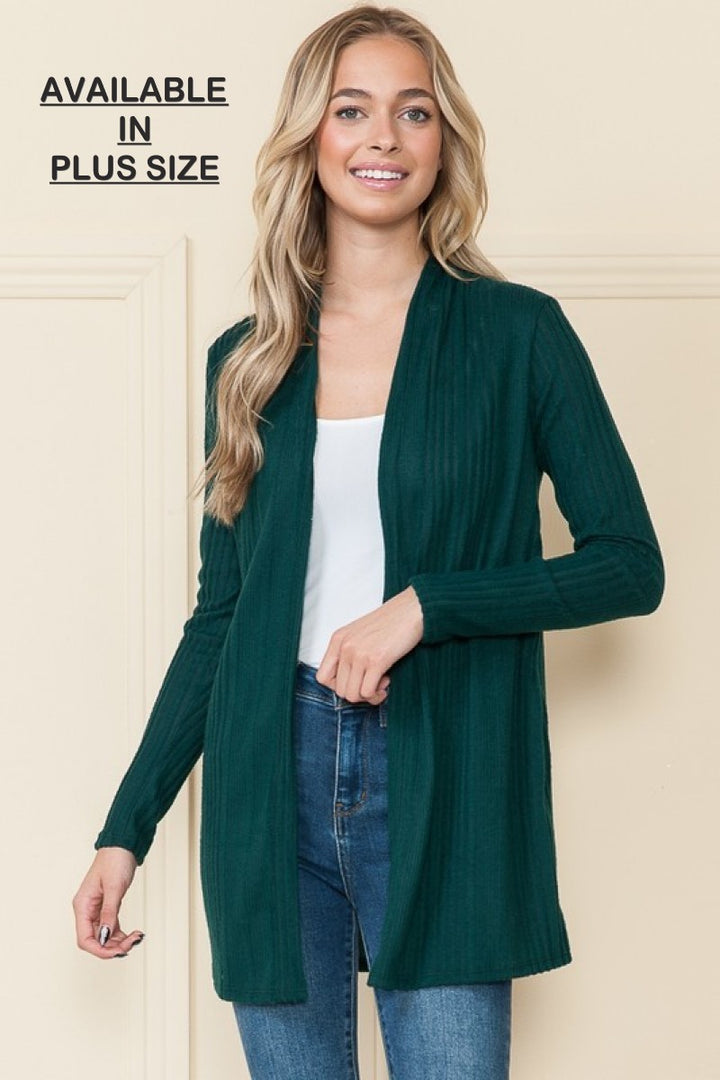 DARK GREEN RIB KNIT OPEN FRONT W/SIDE POCKET PLUS SIZE CARDIGAN RJT4198XL-TH29