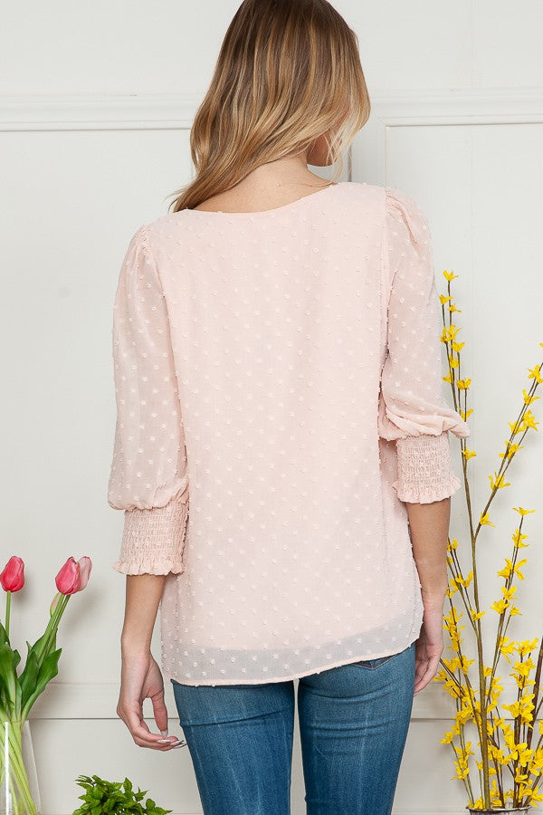 PINK CHIFFON SWISS DOT 3/4 SLEEVES TOP RJW4276-SW2