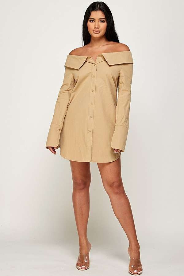 KHAKI OFF-SHOULDER BUTTON DOWN MINI SHIRT DRESS AMD099