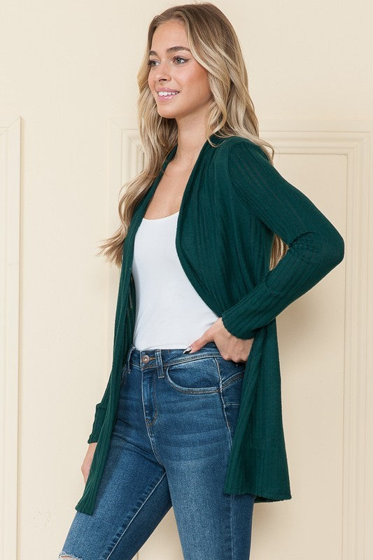 DARK GREEN RIB KNIT OPEN FRONT W/SIDE POCKET PLUS SIZE CARDIGAN RJT4198XL-TH29