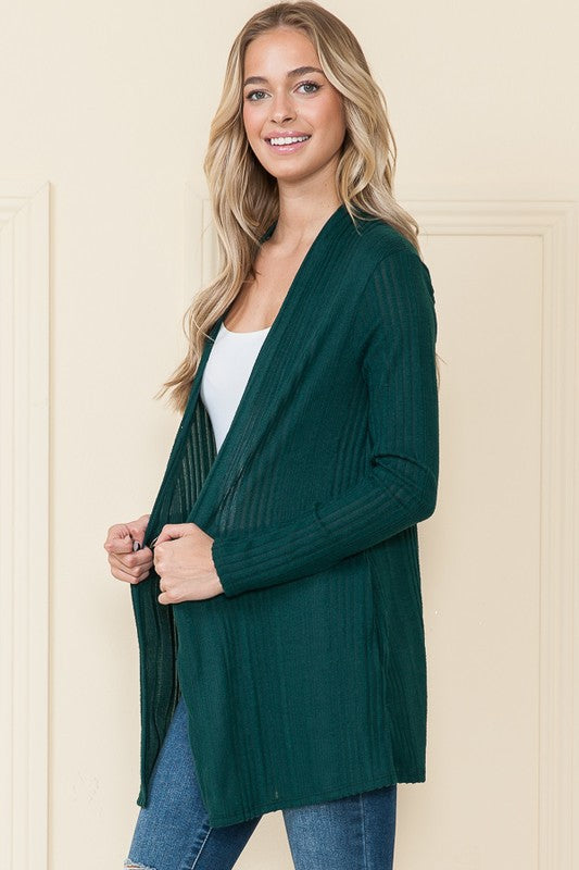 DARK GREEN RIB KNIT OPEN FRONT W/SIDE POCKET PLUS SIZE CARDIGAN RJT4198XL-TH29