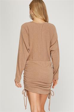 TAUPE DOLMAN SLEEVES W/DRAWSTRING RUCHED SIDES KNIT MINI DRESS S8SS8909