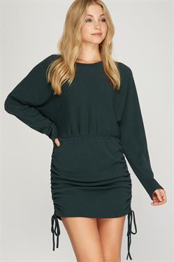 TEAL GREEN DOLMAN SLEEVES W/DRAWSTRING RUCHED SIDES KNIT MINI DRESS S8SS8909