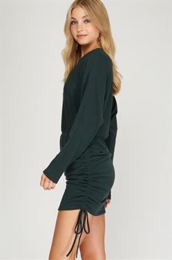 TEAL GREEN DOLMAN SLEEVES W/DRAWSTRING RUCHED SIDES KNIT MINI DRESS S8SS8909