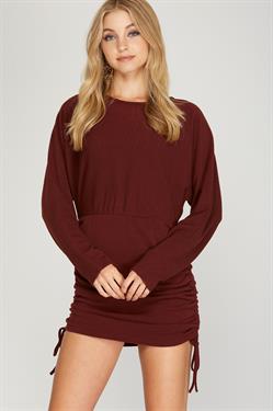 WINE DOLMAN SLEEVES W/DRAWSTRING RUCHED SIDES KNIT MINI DRESS S8SS8909