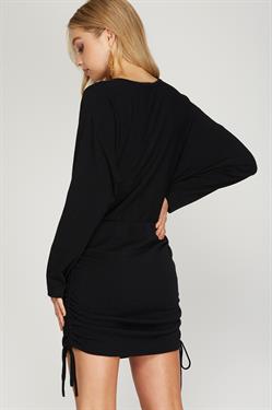 BLACK DOLMAN SLEEVES W/DRAWSTRING RUCHED SIDES KNIT MINI DRESS S8SS8909