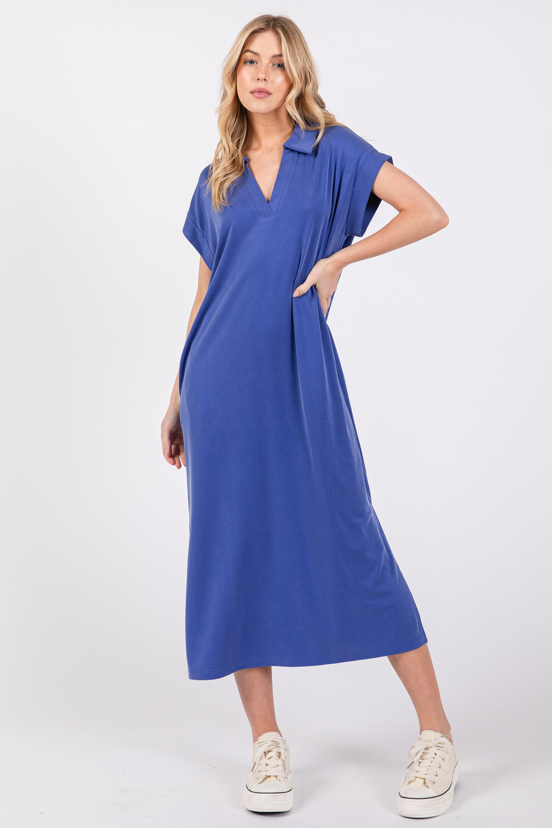 BLUE COLLARED ROLL-UP SHORT SLEEVES PLUS SIZE MIDI DRESS PDC50716SA