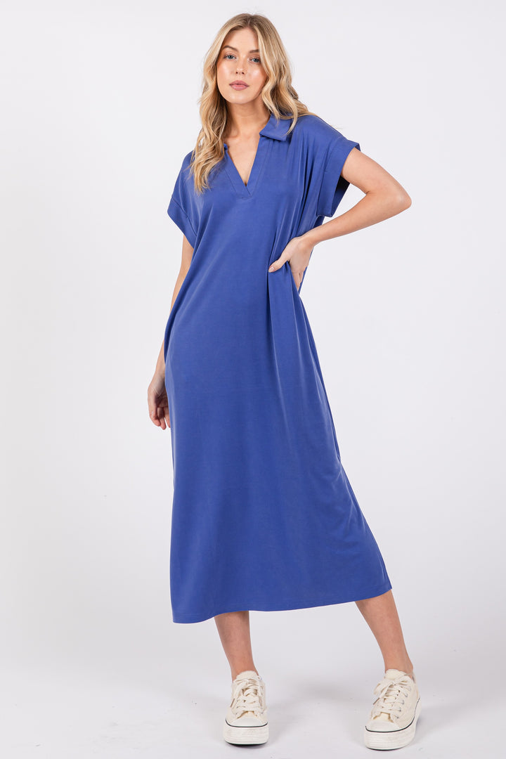 BLUE COLLARED ROLL-UP SHORT SLEEVES PLUS SIZE MIDI DRESS PDC50716SA