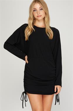 BLACK DOLMAN SLEEVES W/DRAWSTRING RUCHED SIDES KNIT MINI DRESS S8SS8909