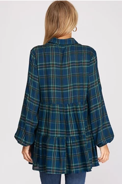 TEAL BLUE PLAID COLLARED LONG SLEEVES BUTTON DETAILED TUNIC TOP S8SY1764