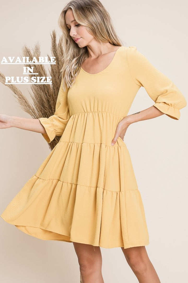 MUSTARD TIERED HIGH WAIST 3/4 SLEEVES PLUS SIZE MINI DRESS RJW5865XL