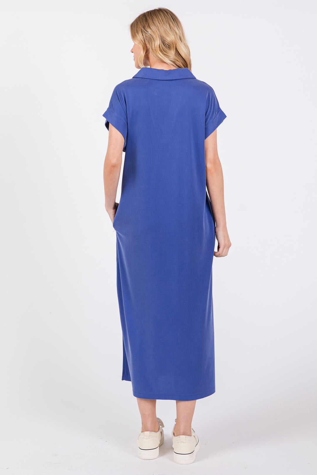 BLUE COLLARED ROLL-UP SHORT SLEEVES PLUS SIZE MIDI DRESS PDC50716SA