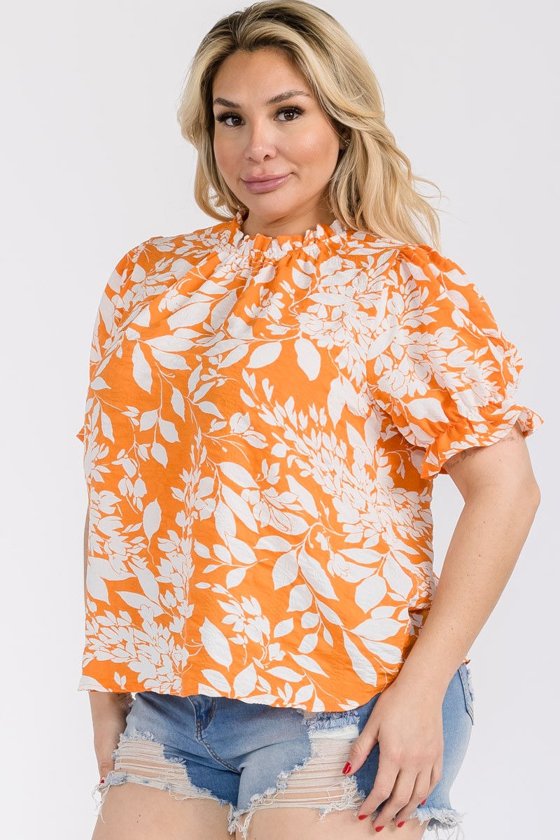 ORANGE FLORAL RUFFLED NECK BALLOON SHORT SLEEVES PLUS SIZE TOP PTLU13321PA