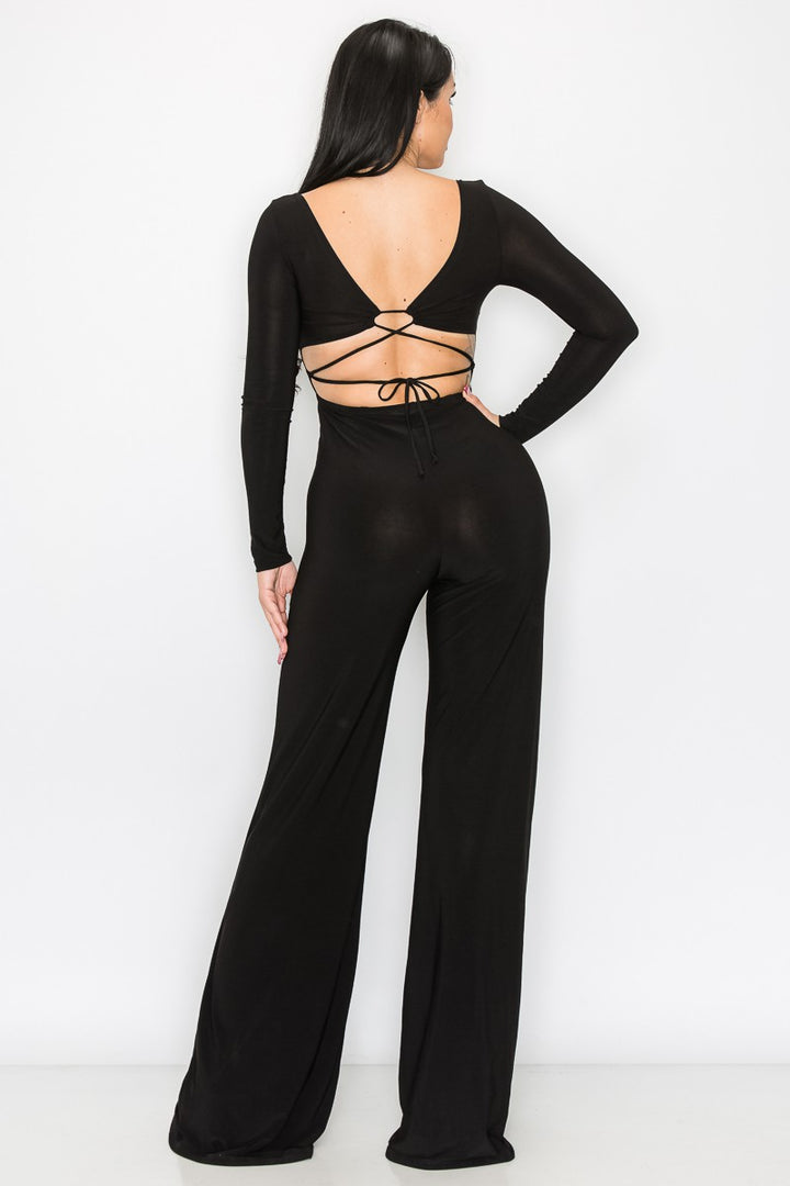 BLACK LONG SLEEVES OPEN BACK STRING JUMPSUIT SP9631J