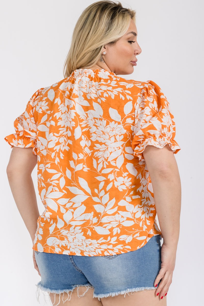 ORANGE FLORAL RUFFLED NECK BALLOON SHORT SLEEVES PLUS SIZE TOP PTLU13321PA