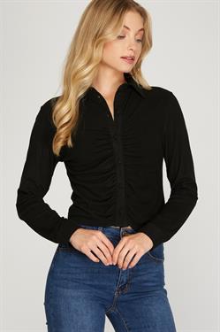 BLACK CUFF LONG SLEEVES BRUSHED STRETCH SHIRRING DETAILED KNIT TOP S8SS8709