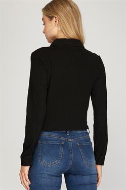 BLACK CUFF LONG SLEEVES BRUSHED STRETCH SHIRRING DETAILED KNIT TOP S8SS8709