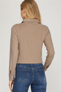 TAUPE CUFF LONG SLEEVES BRUSHED STRETCH SHIRRING DETAILED KNIT TOP S8SS8709