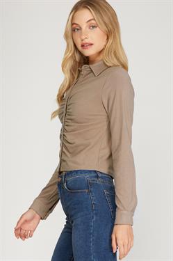 TAUPE CUFF LONG SLEEVES BRUSHED STRETCH SHIRRING DETAILED KNIT TOP S8SS8709