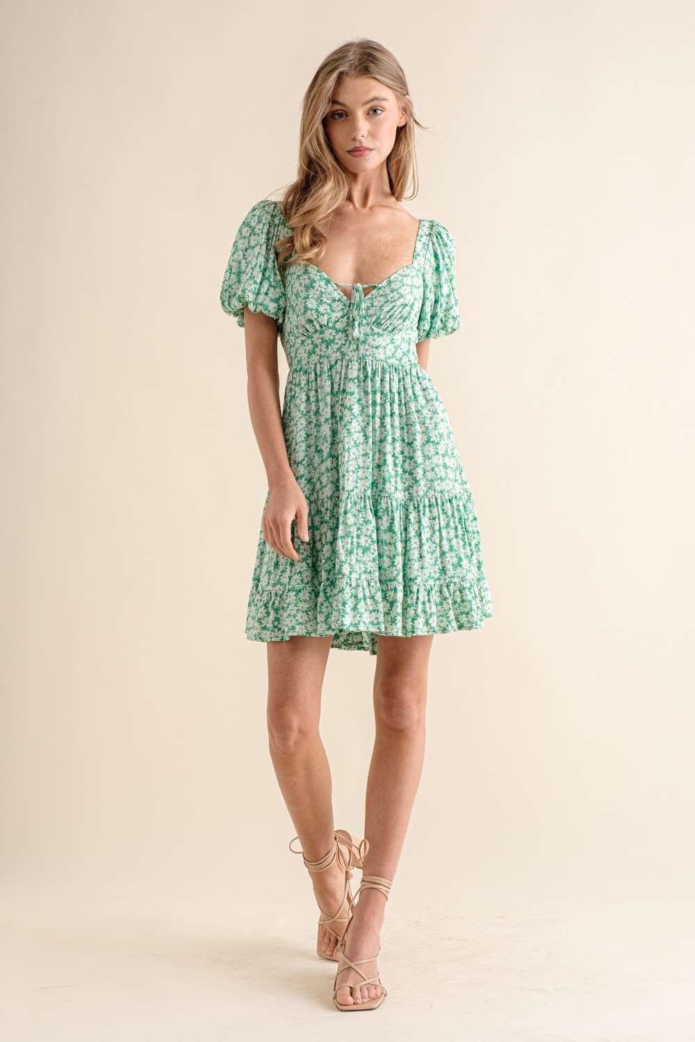 GREEN V-NECK PUFF SHORT SLEEVES RUFFLED MINI DRESS IBD9474