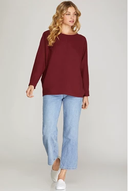 WINE LONG BATWING SLEEVES THERMAL KNIT TOP S8SY2586A