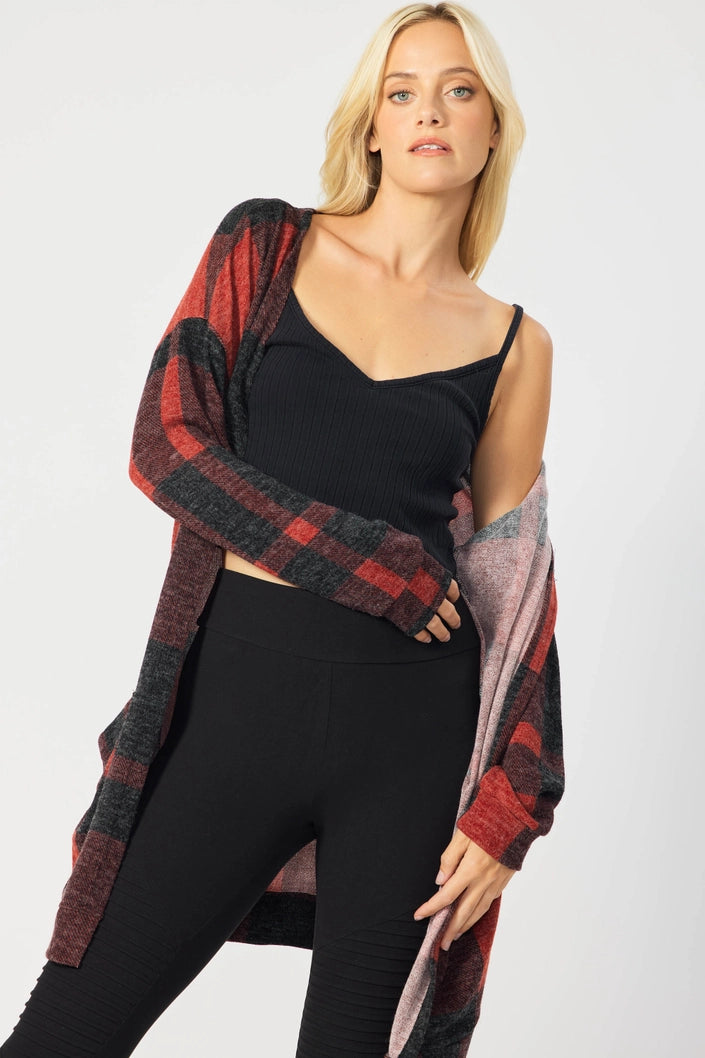 RED PLAID OPEN FRONT LONG CARDIGAN FSLSJ1001