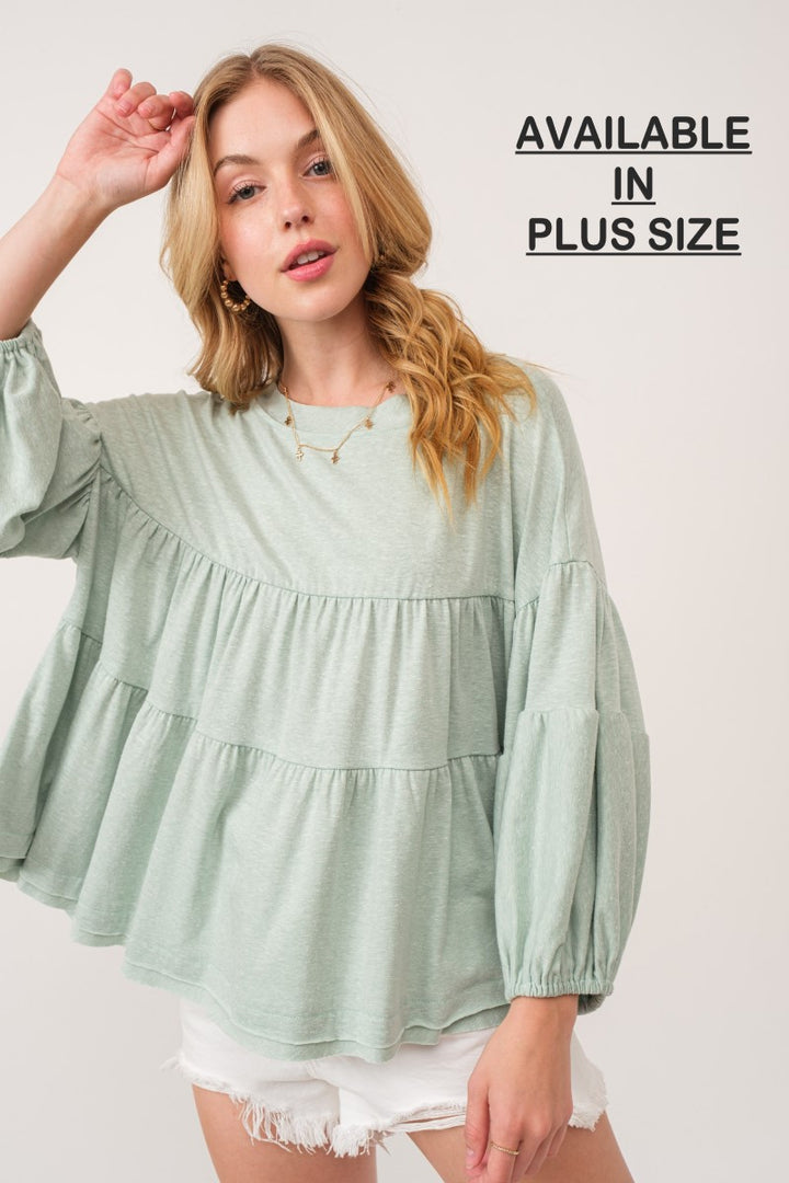 MINT TIERED BALLOON SLEEVES RAW EDGE PLUS SIZE TOP PTU13571SA